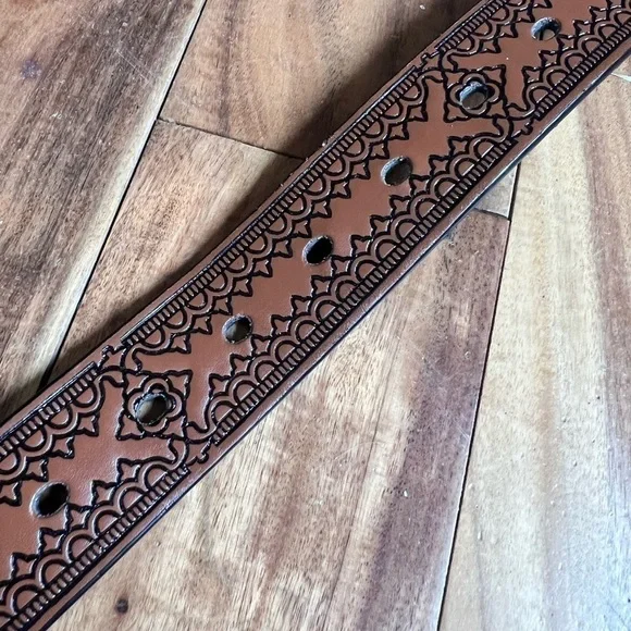 Brown Faux Leather Tooled Belt Vegan Casual Unisex - Picture 7 of 8
